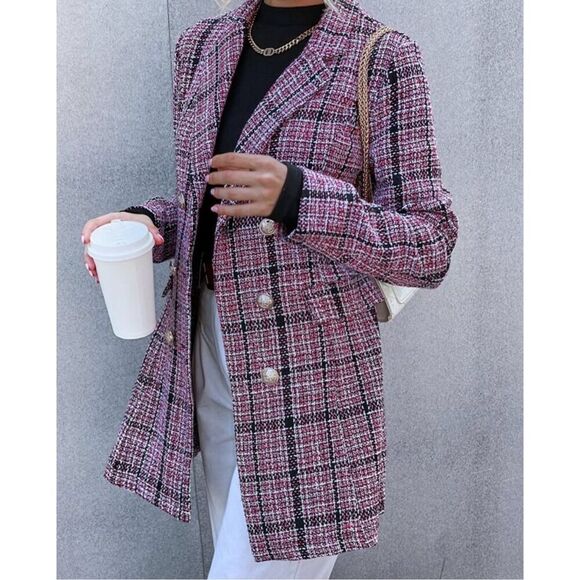 SHEIN Plaid Pattern Flap Detail Double Breasted Tweed Blazer size M or 6 - Picture 1 of 7
